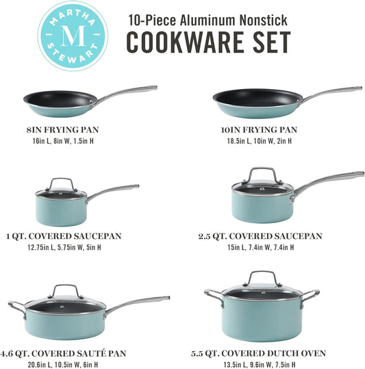 New Martha Stewart Lockton Premium Nonstick 10 Piece Pans Cookware Set (Mint Blue)