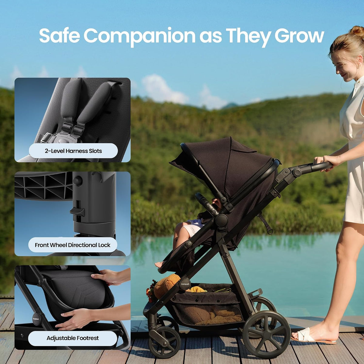 New Mompush Meteor2 Reversible Bassinet Stroller (Black)