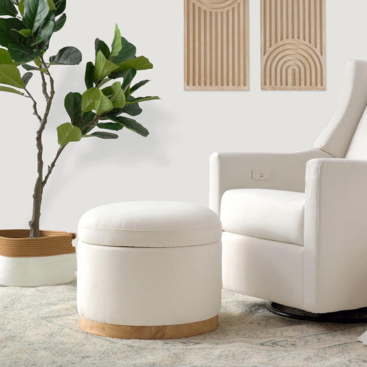 Babyletto Naka Storage Ottoman in Performance Cream Eco - Weave with Light Wood Base (Performance Cream) - Kidsy