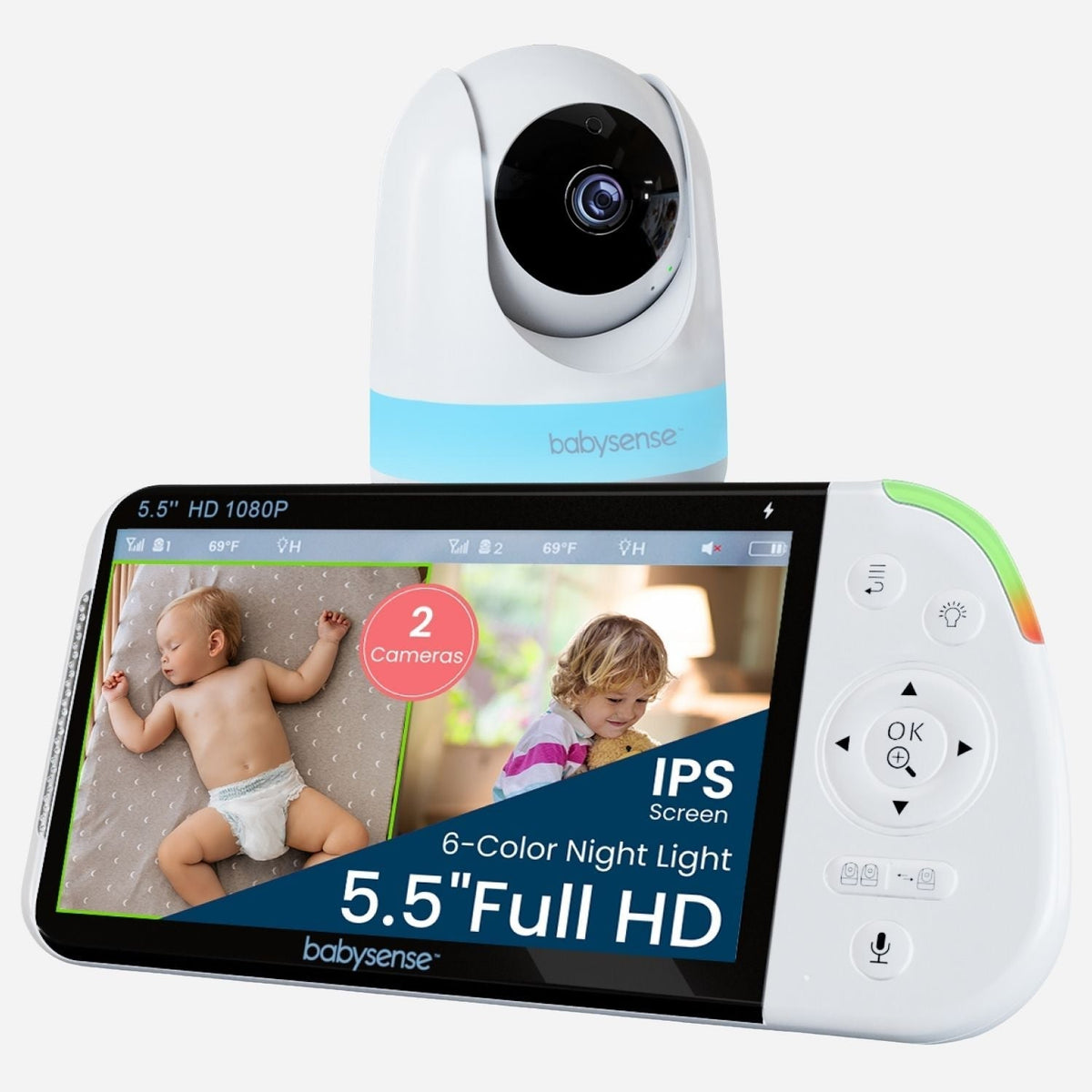 Babysense Max View: Video Baby Monitor with 2 Cameras, Non Wifi, Split Screen, Night Light & Sound Machine - Kidsy