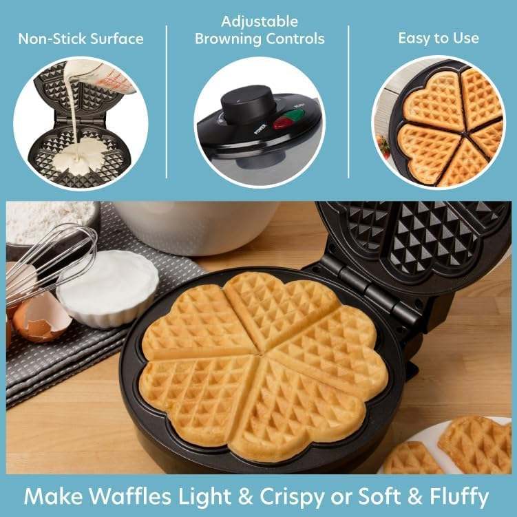 CucinaPro Heart Waffle Maker, 5 - Slice Adjustable Temp (Silver) - Kidsy
