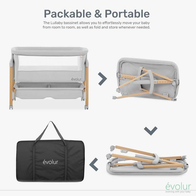 Evolur Lullaby Bedside Bassinet with Wheels (Light Gray) - Kidsy