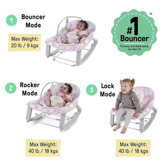 Ingenuity Keep Cozy 3 - in - 1 Grow with Me Bounce Rock Seat (Pink Lily) - Kidsy
