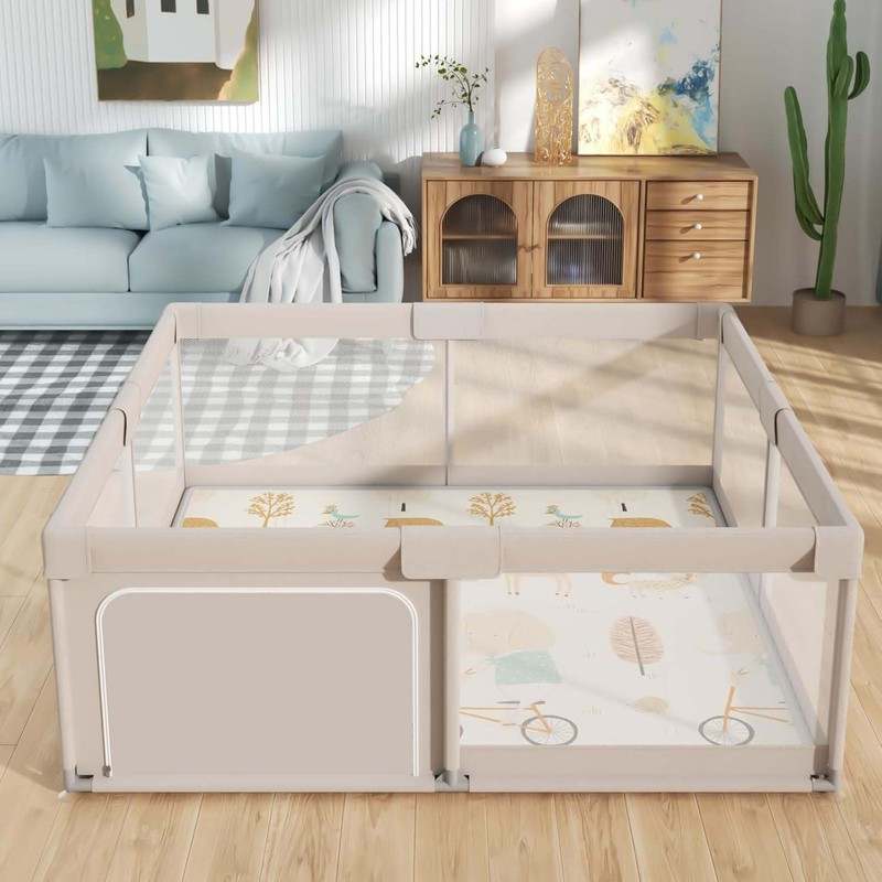 Mloong 59x59 Extra Large Baby Playpen with Mat (Gray) - Kidsy