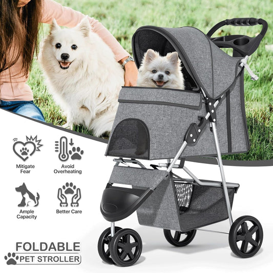 MoNiBloom 3-Wheel Foldable Pet Stroller with Storage Basket (Gray) - Kidsy