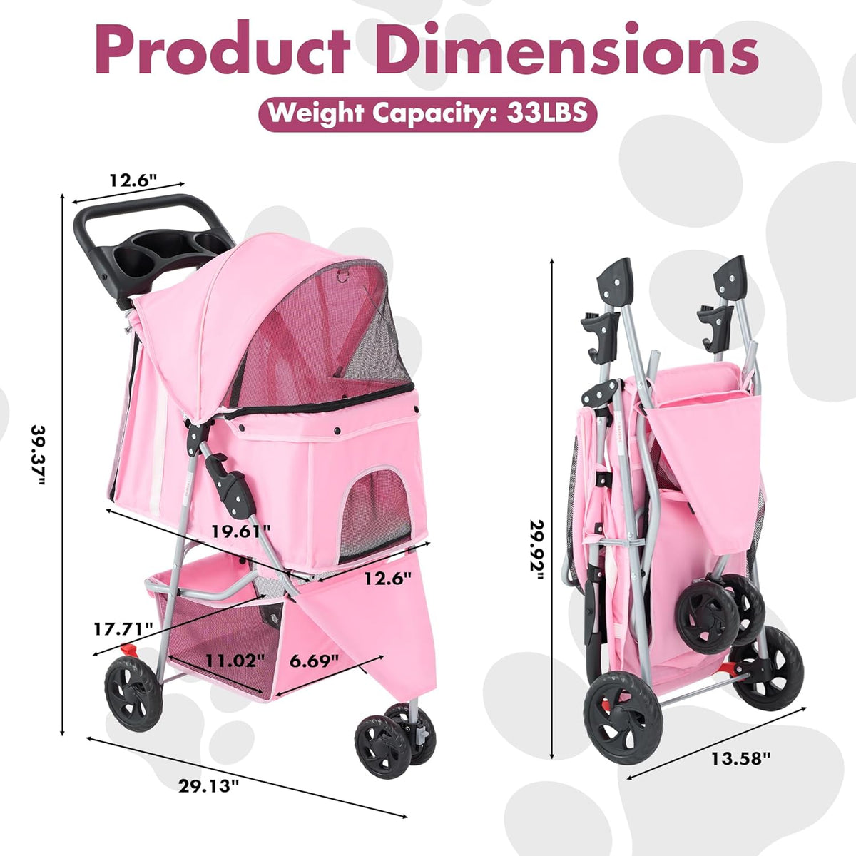 New 3 Wheel Pet Stroller for Dogs and Cats (Light Pink) - Kidsy