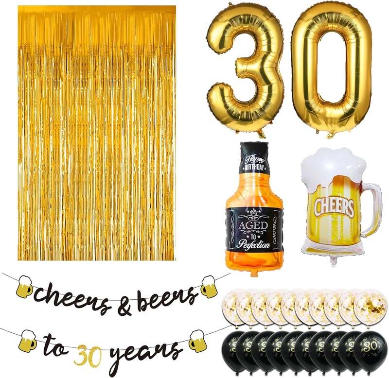 New 30th Birthday Decorations 40 Inch Gold 30 Number Balloons, Cheers to 30 Years Banner, Fringe Curtains and Cups Foil Balloons - Kidsy