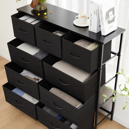 New Atilioo 9-Drawer Fabric Dresser with Wooden Top (Black) - Kidsy