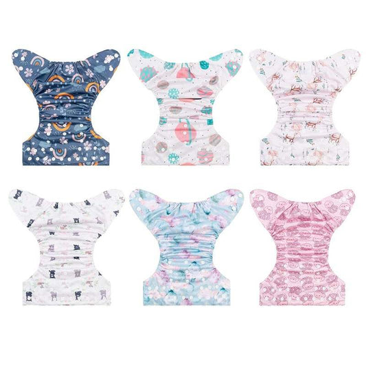 New Babygoal Cloth Diapers 6 Pack with 6 Bamboo Inserts, One Size (Rabbit & Bear) - Kidsy