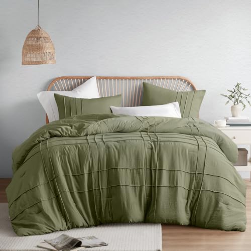 New Comfort Spaces Olive Green Queen Size Comforter Set - 3 Piece Pintuck Pleated Bedding Set (Shams) - Kidsy
