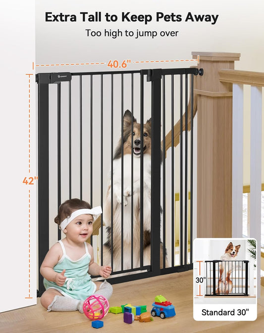 New COMOMY 42" Extra Tall Baby Gate for Stairs Doorways, Fits Openings 29.5" to 40.6" Wide (Black) - Kidsy