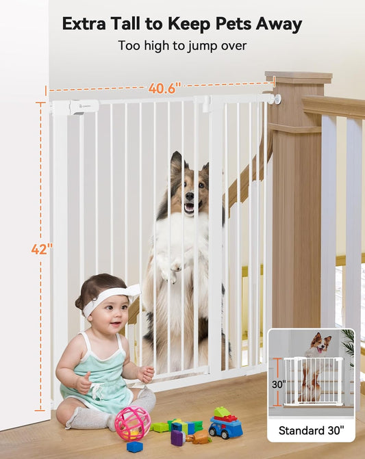 New COMOMY 42" Extra Tall Baby Gate for Stairs Doorways, Fits Openings 29.5" to 40.6" Wide (White) - Kidsy