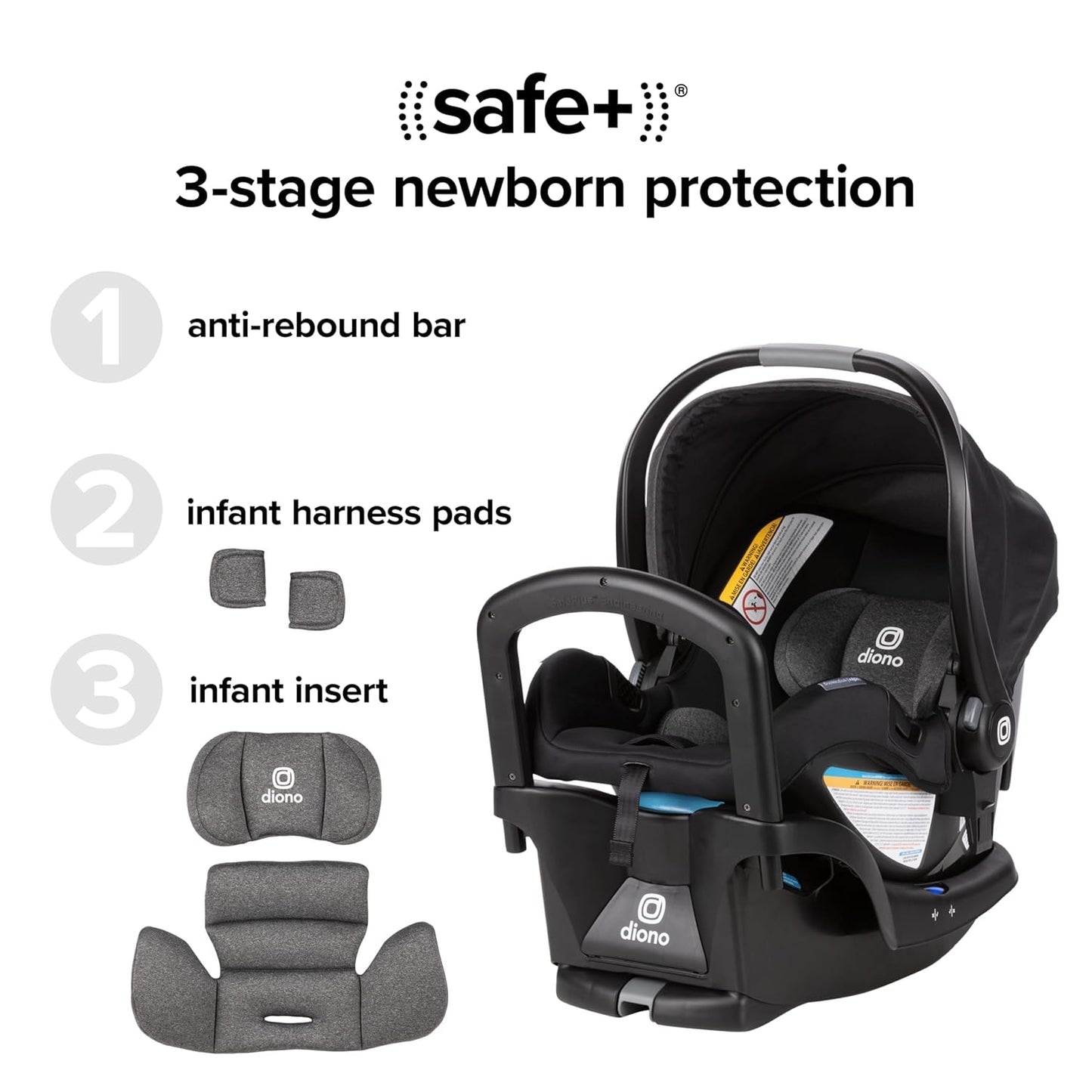 New Diono LiteClik 30 R SafePlus Infant Car Seat and Base Rear - Facing for Infants 4 - 30lbs (Black) - Kidsy