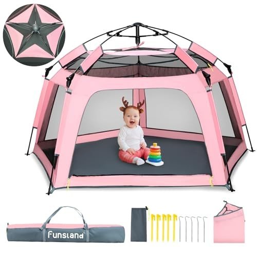 New Funsland Baby Playpen – Pop - Up Tent with Canopy & Travel Bag (Pink) - Kidsy