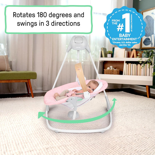 New Ingenuity Simple Comfort Compact Baby Swing with Wood Toy Bar (Pink) - Kidsy
