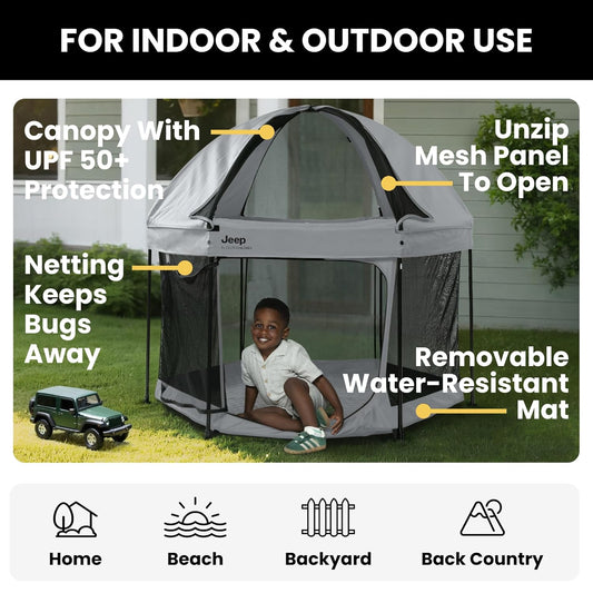 New Jeep Hexagon Pop Up Play Yard with Removable Canopy (Grey) - Kidsy