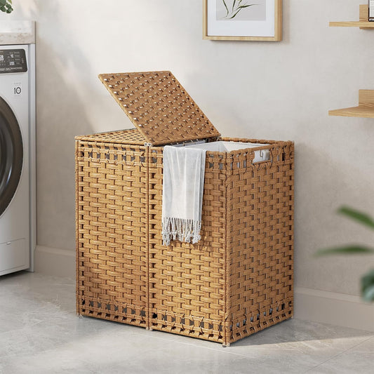 New KOUSEI 130L Foldable Laundry Hamper with Lid - Handwoven Rattan Storage Basket (Natural) - Kidsy