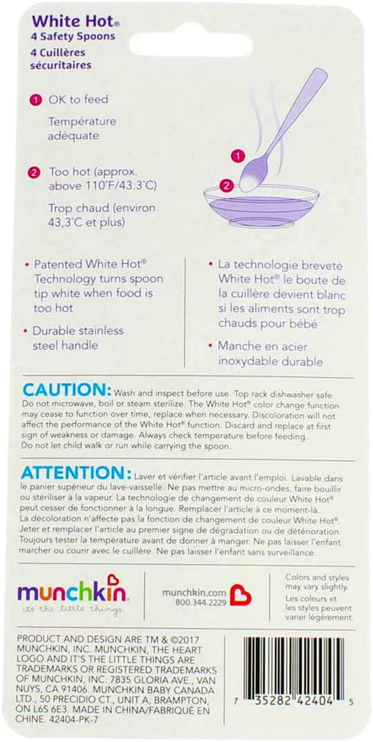 New Munchkin White Hot Safety Spoons with Stainless Steel Handle, 3 Months+, 4 Count (Colors May Vary) - Kidsy