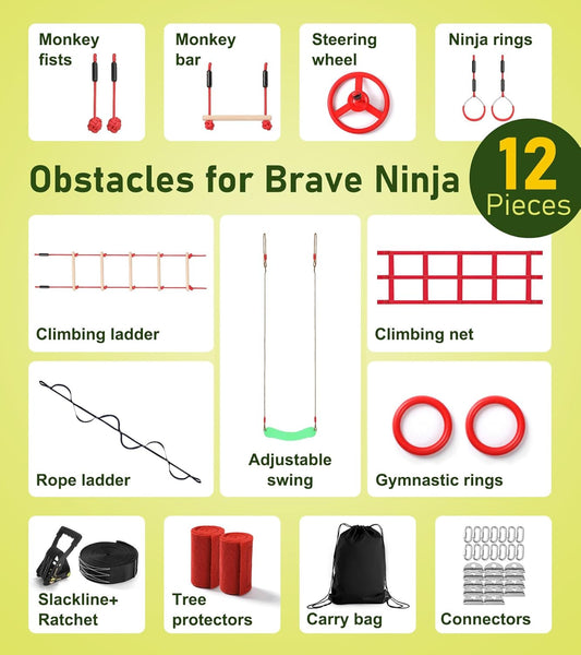 New Ninja Warrior Obstacle Course for Kids Backyard, Ninja Course for Kids, 50 ft Slackline with 12 Obstacles - Kidsy