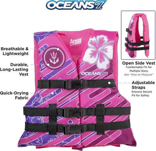 New Oceans 7 USCG Approved Youth Life Jacket (Pink/Berry: 50 - 90 lbs) - Kidsy