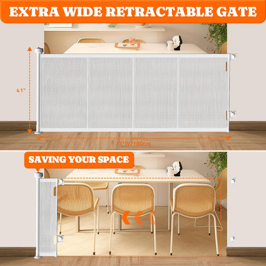 New Pawtners Retractable Baby Gate Extra Wide, 41" Tall Extends up to 71" Wide (White) - Kidsy