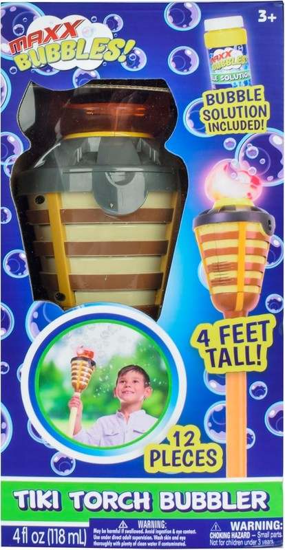 New Tiki Torch Bubbler Bubble Machine with Lights and Music, Bubble Blower and Wand - Kidsy