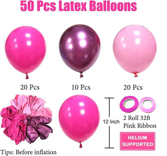 Pink Balloons Metallic Pink Balloon, 50Pcs 12Inch Hot Pink Chrome Pink Latex Balloons Light Pink Balloon and Dark Magenta Pink Balloons - Kidsy