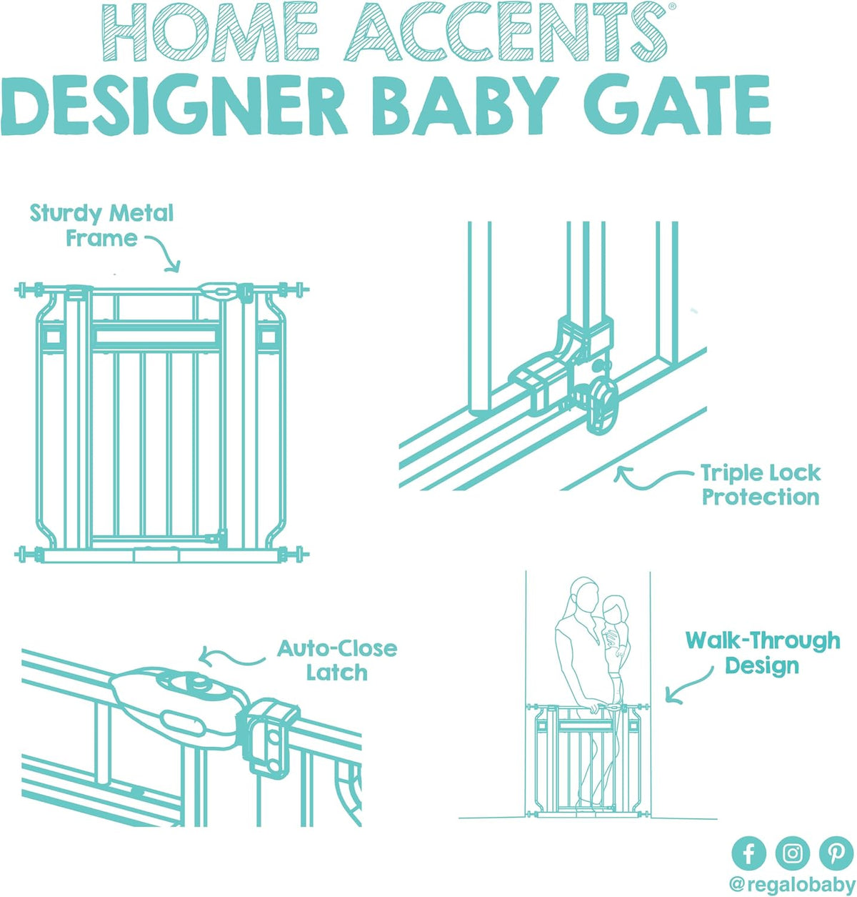 Regalo Extra Tall Walk-Through Metal Safety Gate 30" to 42" Wide (Black) - Kidsy