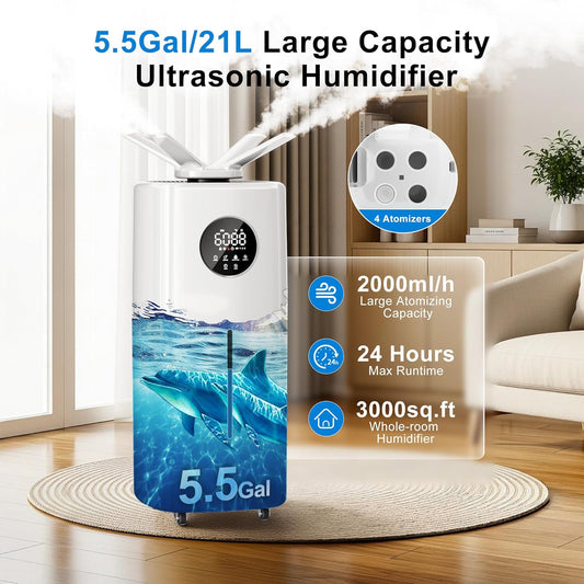 Uthfy 5.5Gal/21L Humidifier for Large Room 3000sq.ft, 2000ml/h Dual 360° Nozzles Ultrasonic Humidifiers - Kidsy
