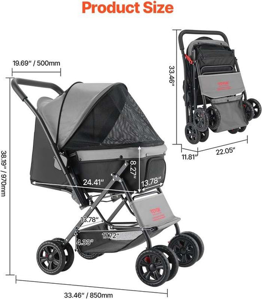 VEVOR Pet Stroller, 44 lbs Weight Capacity (Black+Gray) - Kidsy