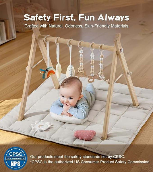Wooden Baby Play Gym with Mat & 9 Sensory Toys (Natural) - Kidsy