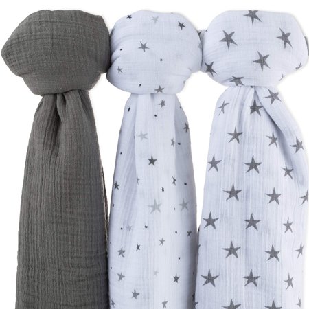 New Muslin Swaddle Blanket 100% Cotton 3 Pack 47 X 47 Classic Grey Star