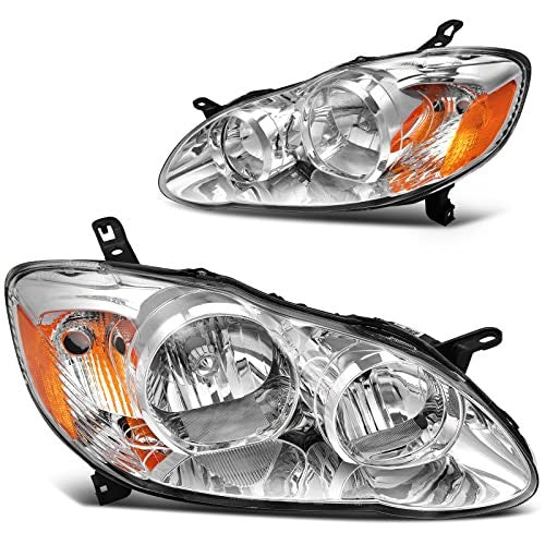 DWVO Headlights Assembly Compatible with 03-08 2003 2004 2005 2006 2007 2008 Corolla Headlamp Replacement Pair Driver and Passenger Side Chrome Housin