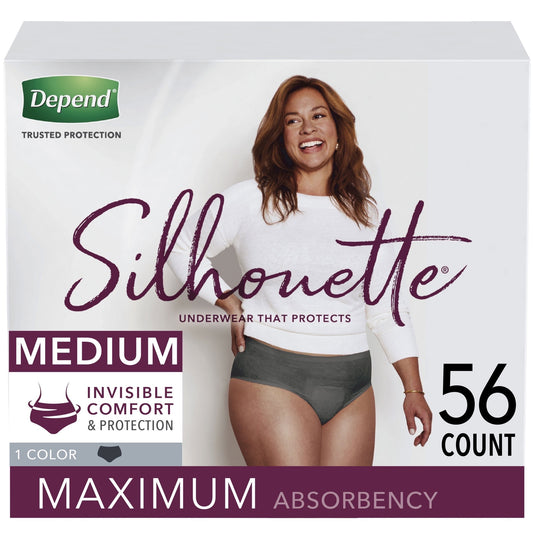 New Depend Silhouette Incontinence & Postpartum Underwear for Women - Maximum Absorbency (M - Black - 56ct)