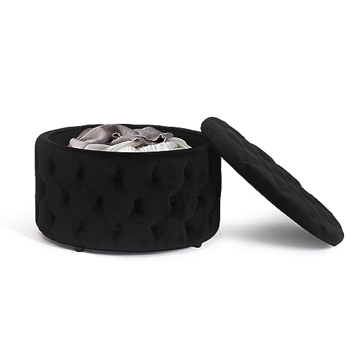 New Homebeez 28 Inch Round Velvet Storage Ottoman (Black)