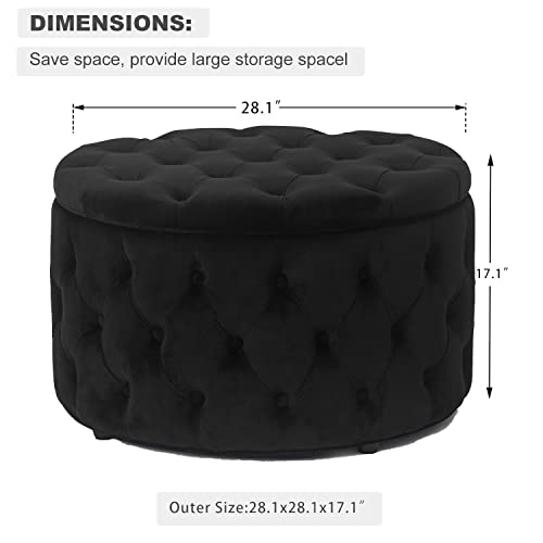 Homebeez 28 Inch Round Velvet Storage Ottoman (Black)