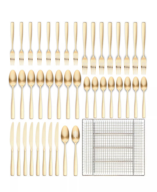 Ornative Kaede 42-Pc. Flatware Set with Wire Caddy, Service for 8 (Gold)