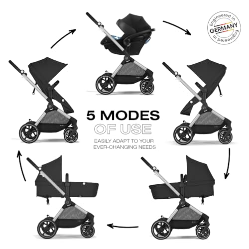 New Cybex EOS 5-in-1 Travel System Stroller + Lightweight Aton G Infant Car Seat, Moon Black, Silver Frame