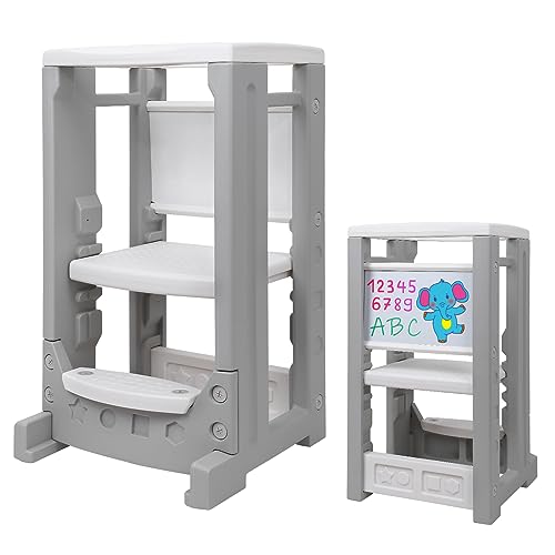 New Toddler Tower Height Adjustable Step Stool for Kids (Grey/White)