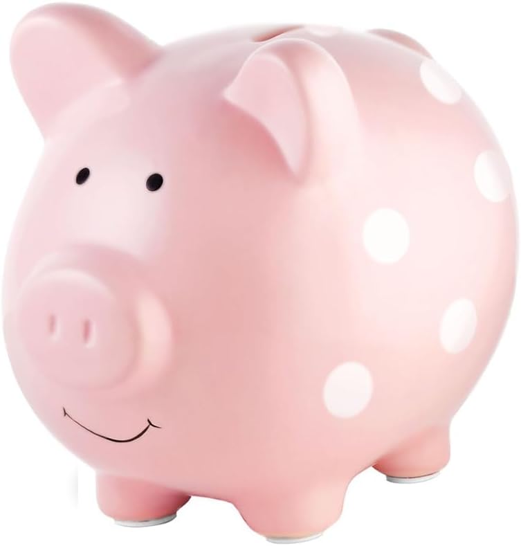 New Pearhead Large Ceramic Piggy Bank (Pink Polka Dots)
