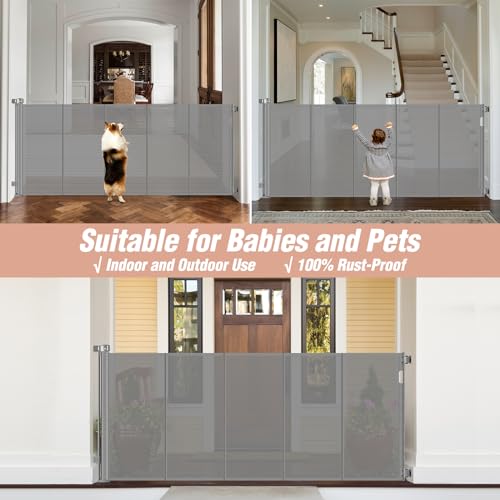 New Reinforced 42" Extra Tall x 75" Wide Retractable Baby Gates with Support Rods (Gray)