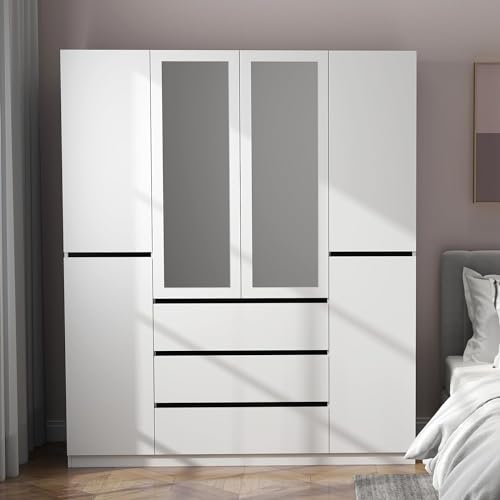 New 78" Armoire Wardrobe with 6 Doors & 2 Mirror, Bedroom Armoires (White)