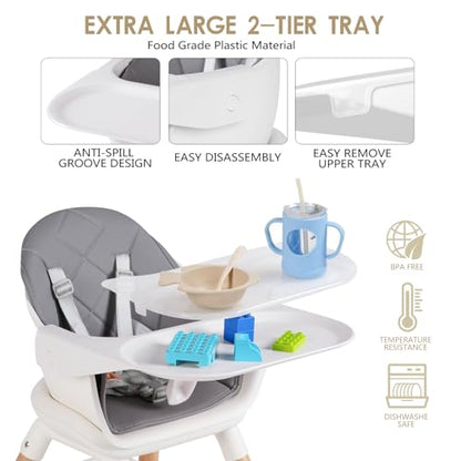 New Baby 6 in 1 Convertible Wooden High Chair (Grey)