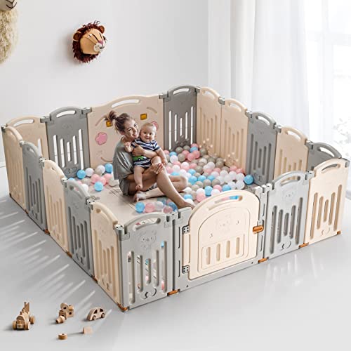 New UANLAUO Baby Fence 18 Panel Foldable Extra Large Playpen (Grey+Cream)