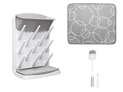 New Ubbi Vertical Bottle Drying Rack, Bottle Brush & Microfiber Drying Mat Bundle (Gray)