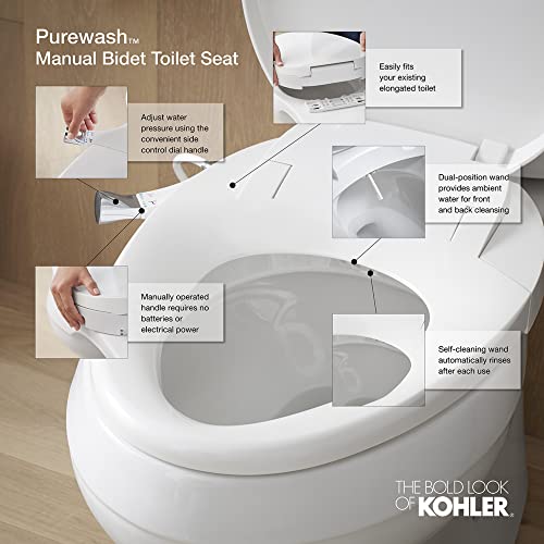 New KOHLER 98804-CP-0 Purewash M300 Elongated Manual Bidet Toilet Seat With Chrome Handle (White)