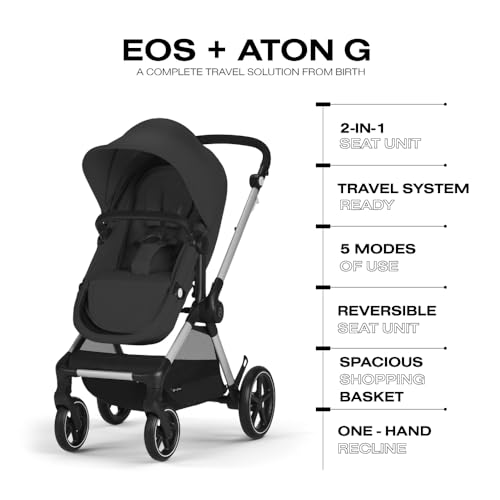 New Cybex EOS 5-in-1 Travel System Stroller + Lightweight Aton G Infant Car Seat, Moon Black, Silver Frame