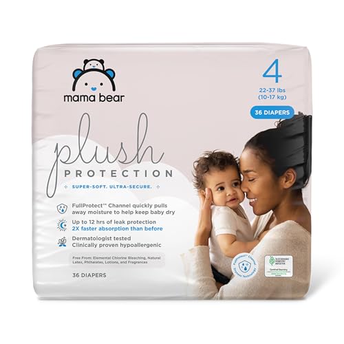 New Mama Bear Plush Protection Diapers (Size 4, 36 Count | White and Cloud Dreams)