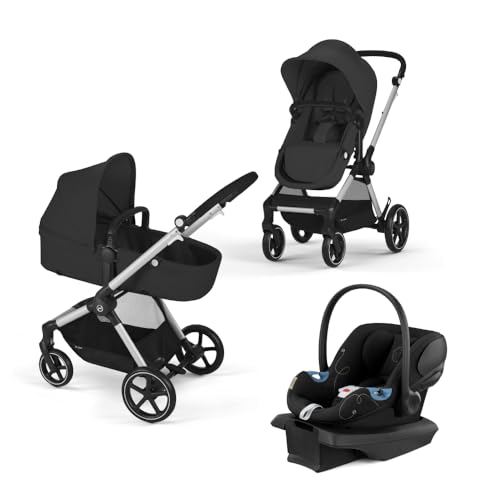 New Cybex EOS 5-in-1 Travel System Stroller + Lightweight Aton G Infant Car Seat, Moon Black, Silver Frame