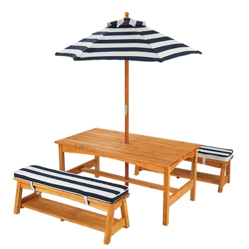 New KidKraft Outdoor Wooden Table & Bench Set with Cushions and Umbrella (Navy and White Stripe Fabric)